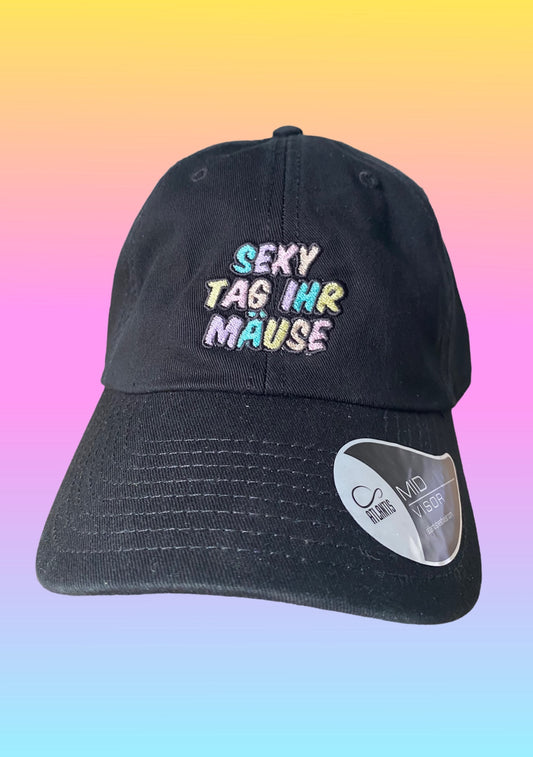 Cap „Sexy Tag ihr Mäuse“ schwarz - bunte Schrift