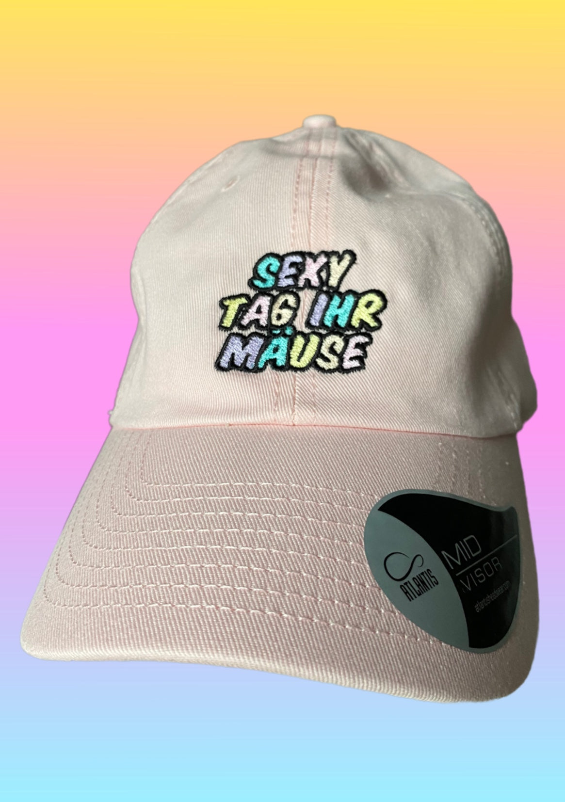 Cap „Sexy Tag ihr Mäuse“ Rosa mit buntem Schriftzug